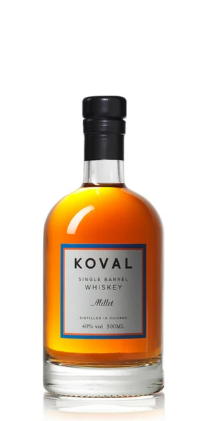 Bottle of Koval Millet Whiskey, an organic single barrel whiskey crafted in Chicago