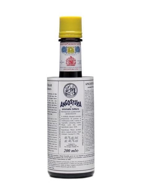 Bottle of Angostura aromatic bitters 200ml with oversized label and yellow cap