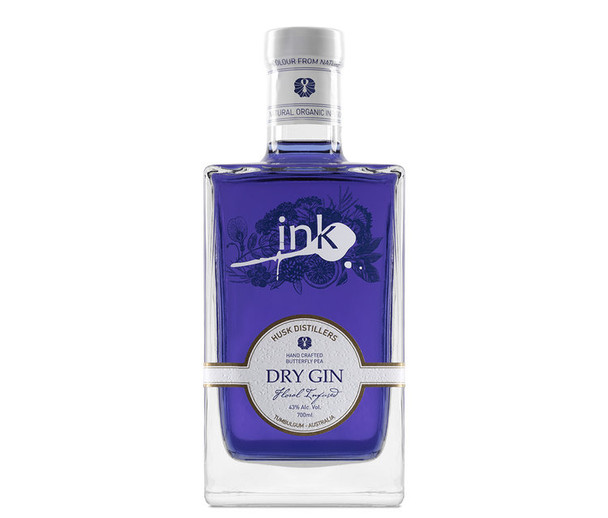 Bottle of Ink Gin 700ml, a color-changing dry gin made with organic Australian botanicals
