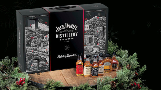 Jack Daniel's 2019 Advent Calendar featuring 22 whiskey miniatures in festive holiday packaging