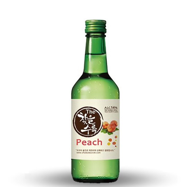 Bottle of Chateul Soorok Peach Soju 375ml, bamboo charcoal filtered soju with natural peach flavor