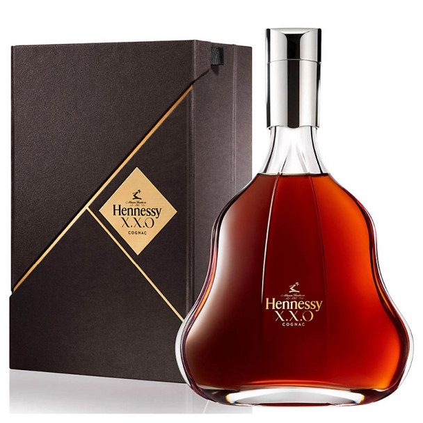 Bottle of Hennessy XXO Cognac 1000ml showcasing its amber hue