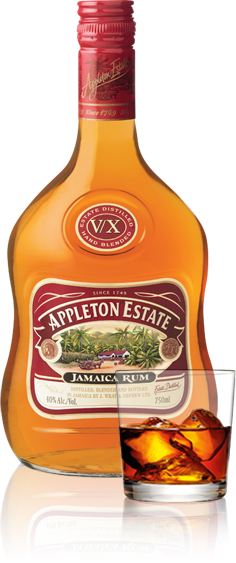 Bottle of Appleton Estate V/X Jamaican rum with warm golden color
