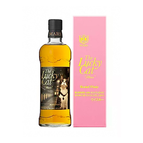 Mars Lucky Cat Hana 700ml Japanese whisky bottle featuring the cat Hana, from Hombo Mars's Lucky Cat series