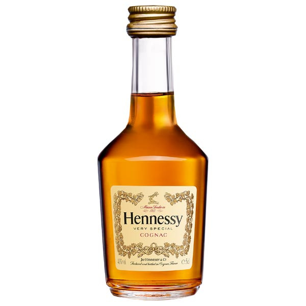 Hennessy VS 50ml cognac bottle with bright golden hue