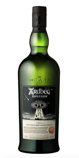 Bottle of Ardbeg Supernova 2019 release, heavily peated Islay whisky