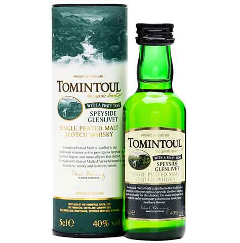 Tomintoul Peaty Tang 50ml bottle, a peated Speyside single malt Scotch whisky