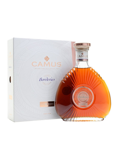 Bottle of Camus Borderies XO Cognac 1000ml showing its amber hue