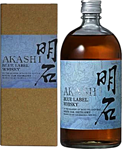 Bottle of Akashi White Oak Blue Label Whisky 700ml, Japanese whisky with golden hue
