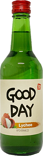 Bottle of Good Day Lychee Soju 360ml, bamboo charcoal filtered Korean soju
