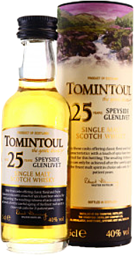 Tomintoul 25Y Whisky 50ml bottle, aged single malt Scotch whisky