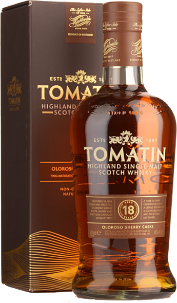 Bottle of Tomatin 18 Year single malt Scotch whisky, 700ml, from the Highlands