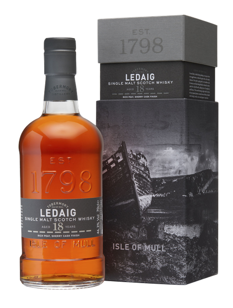 Bottle of Ledaig 18 Year Old Single Malt Scotch Whisky, 700ml, copper gold hue