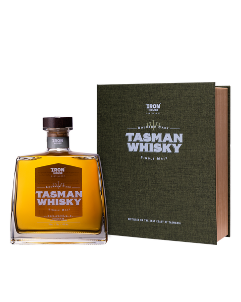 Bottle of Iron House Bourbon Cask Tasman Whisky 700ml in its gift box packaging