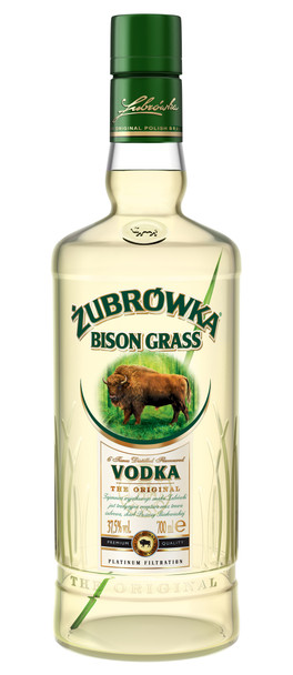 Bottle of Zubrowka Bison Grass Vodka 700ml with signature blade of bison grass inside