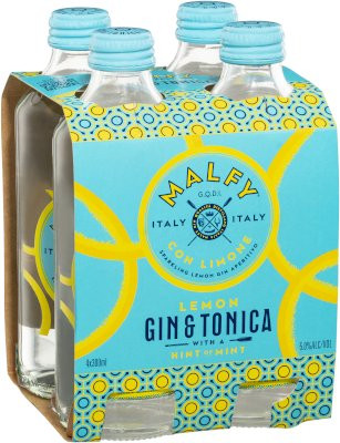 Four pack of Malfy Lemon Gin Tonica 300ml cans, Italian lemon gin and tonic