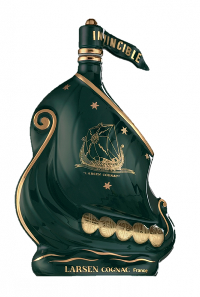 Larsen Viking Ship Ocean Green Cognac 700ml bottle shaped like a Viking ship
