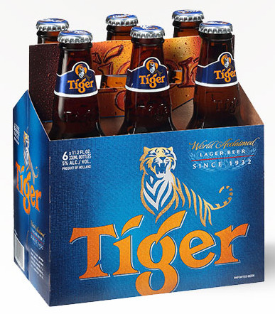 Six-pack of Tiger Beer 330ml bottles, an Asian lager