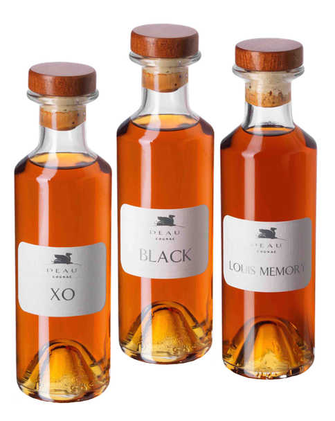 Deau Cognac La Collection Tasting Box with three 200ml bottles: XO, Black, and Louis Memory