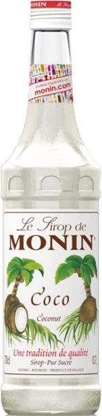 Bottle of Monin Coconut Syrup 700ml, a tropical flavored syrup crafted in France