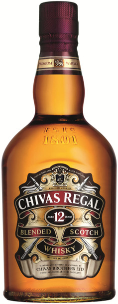 Bottle of Chivas Regal 12 Year Old Scotch whisky, 700ml, amber-colored blended Scotch