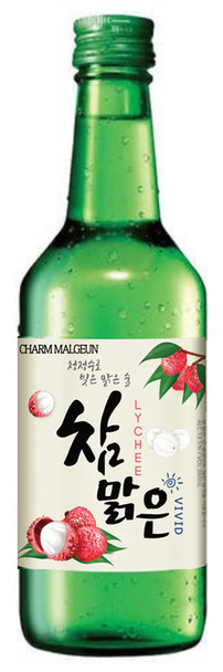 Bottle of Charm Malgeun Lychee Soju, 360ml, made with real lychee fruit