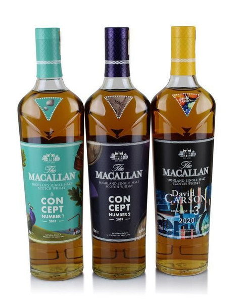 Macallan Concept No. 1, 2, 3 Set featuring three elegantly designed whisky bottles