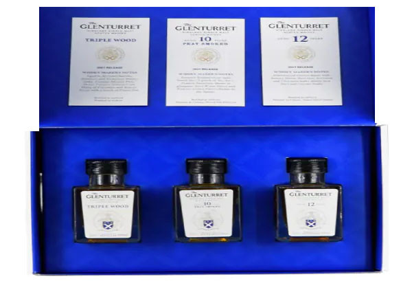 The Glenturret Gift Set featuring three 50ml whisky bottles in an elegant gift box