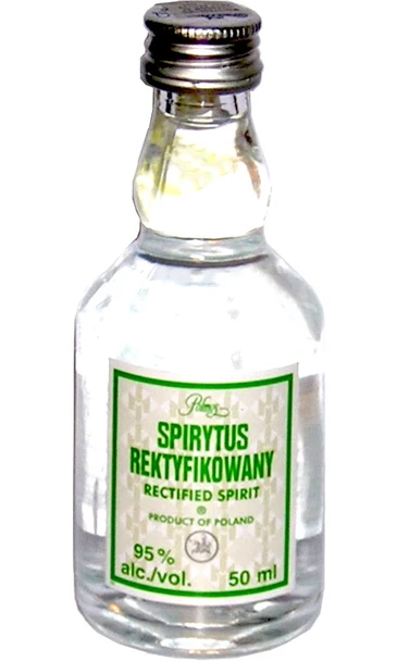 50ml bottle of Polmos Spirytus Rektyfikowany Pure Spirit 96%, a Polish rectified spirit
