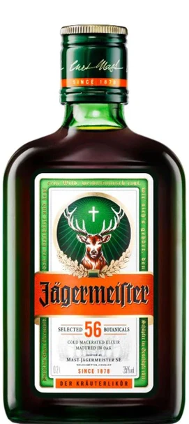 Bottle of Jägermeister 200ml herbal liqueur, 35% ABV digestif made from 56 herbs, fruits, roots and spices