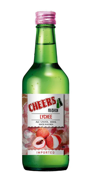 Bottle of Cheers Soju Lychee flavored soju, 360ml