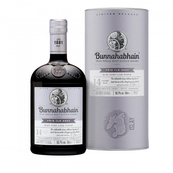 Bottle of Bunnahabhain Feis Ile 2024 14 Year Old Ruby Port Cask Finish single malt Scotch whisky, 700ml