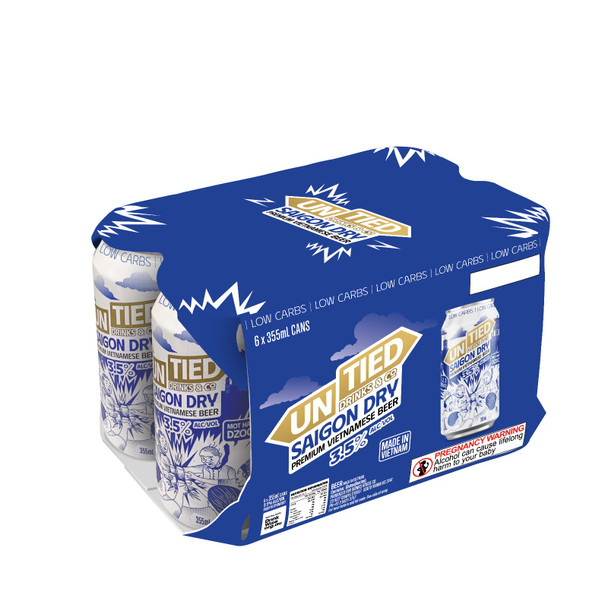 Six-pack of Saigon Dry Premium Vietnamese Beer cans, 355ml, 3.5% ABV lager