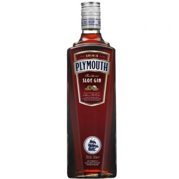 Bottle of Plymouth Sloe Gin, a deep red British sloe gin liqueur