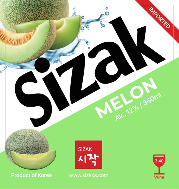 Bottle of Sizak Melon Soju 360ml, a fruity flavored Korean soju
