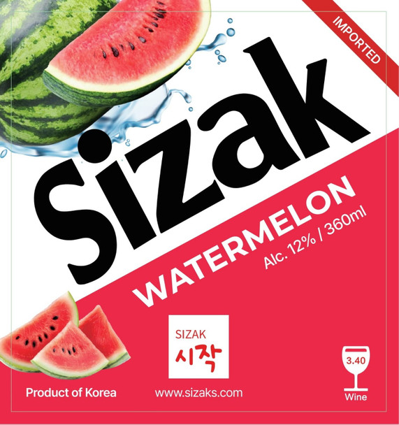 Bottle of Sizak Watermelon Soju, 360ml Korean flavored spirit