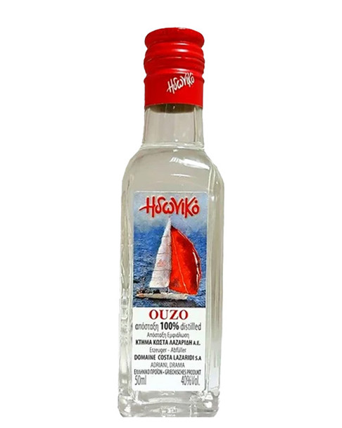 Bottle of Idoniko Ouzo 50ml, traditional Greek anise-flavored spirit
