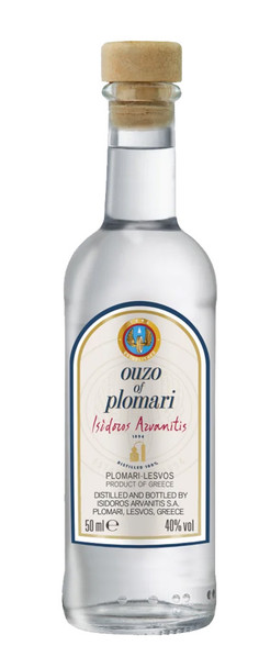 Bottle of Plomari Ouzo 50ml, a Greek anise-flavored aperitif