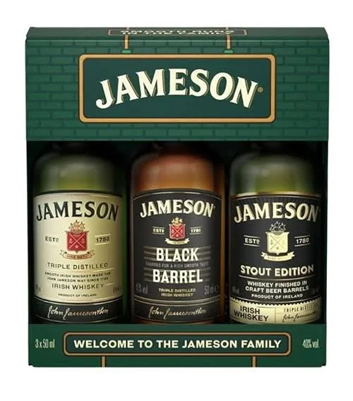 Jameson Mini Taster Pack with three 50ml bottles of Original, Black Barrel, and Stout Cask