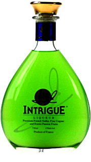 Intrigue Passion Fruit Liqueur 375ml bottle with gold crown top