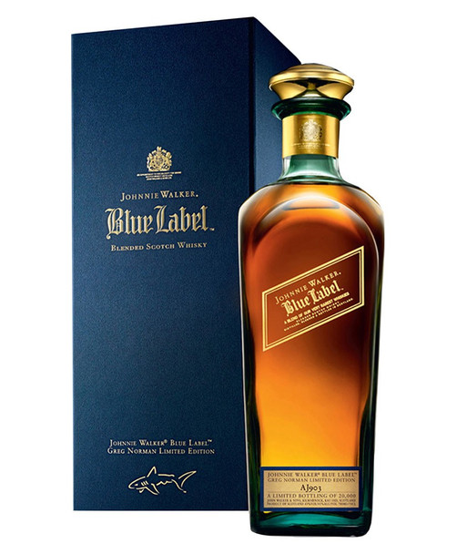 Johnnie Walker Blue Label Greg Norman Edition whisky bottle in decorative gift box