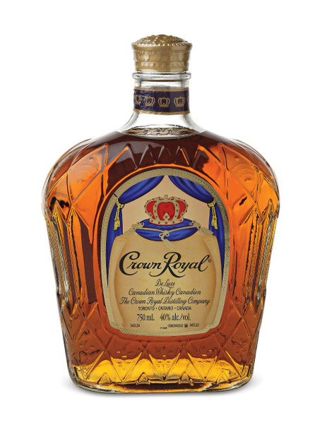 Bottle of Crown Royal Canadian Whisky, a smooth blend of 50 whiskies aged in oak barrels