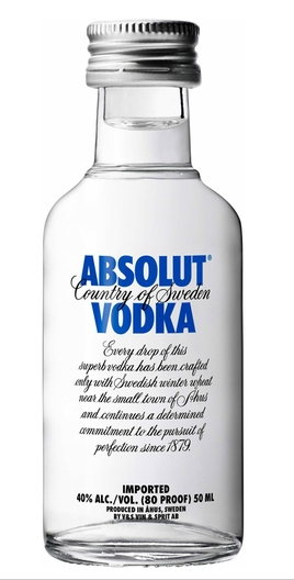 Absolut Vodka 50ml bottle, Swedish vodka with natural ingredients and no added sugar
