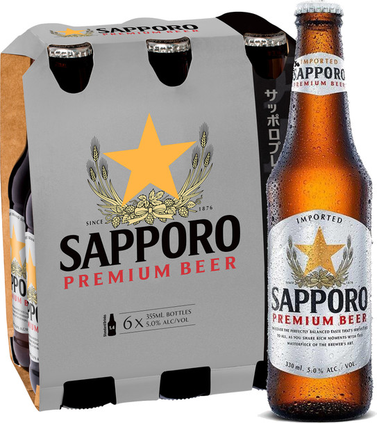 Sapporo Premium Beer 355ml cans, 6-pack, crisp and refreshing lager