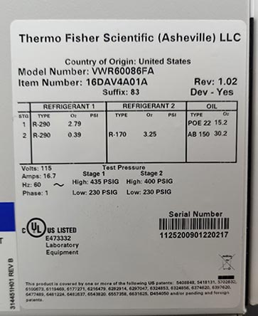 Thermo Fisher Scientific VWR Ultra Low Temperature Product Specs