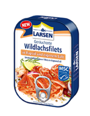 LARSEN GERÄUCHERTE WILDLACHSFILETS IN RAPSÖL UN EIGENEM SAFT 110G