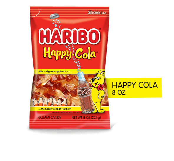 HAPPY COLA
From America's #1-selling Gummi Bear, try delicious Happy Cola!  These two-toned gummies come in a fun bottle shape and have a delcious cola taste.