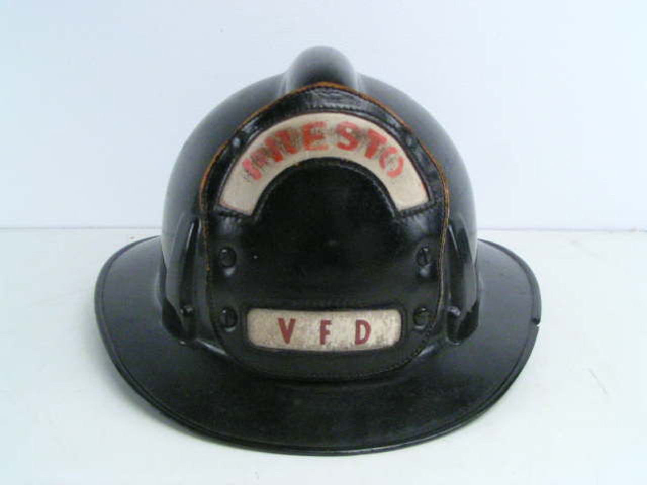 This Vintage Fire Helmet Has A Leather Shield Marked Presto Volunteer Fire Department With A Leather Chin Strap And Marked Msa For The Mine Safety