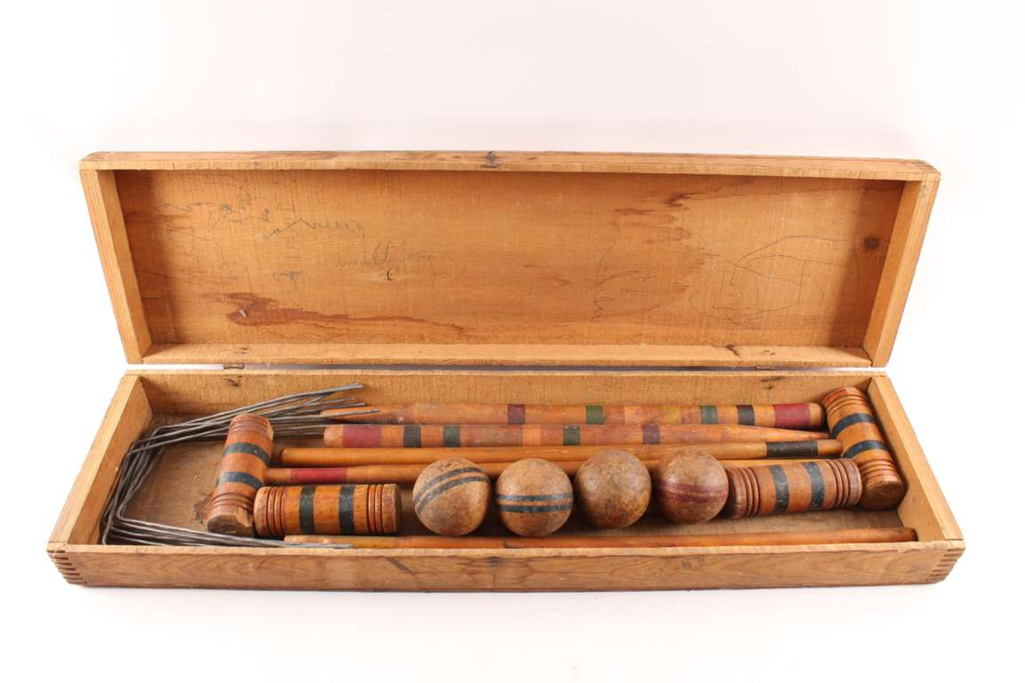 Vintage Antique Wooden Croquet Set Paint Rings & Original Box Antique
