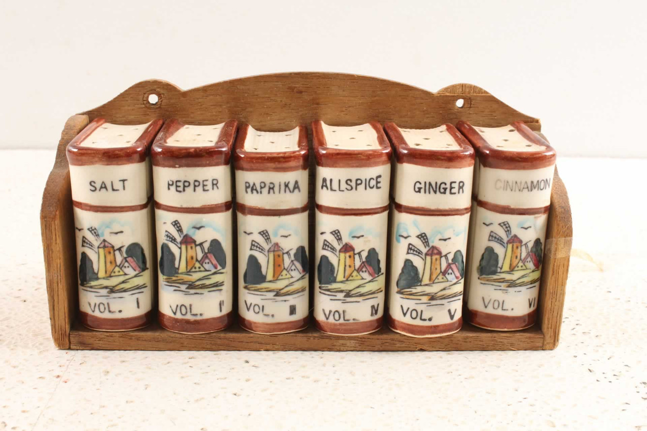 Dutch Theme Hazel Atlas Spice Jar Set Wire Rack